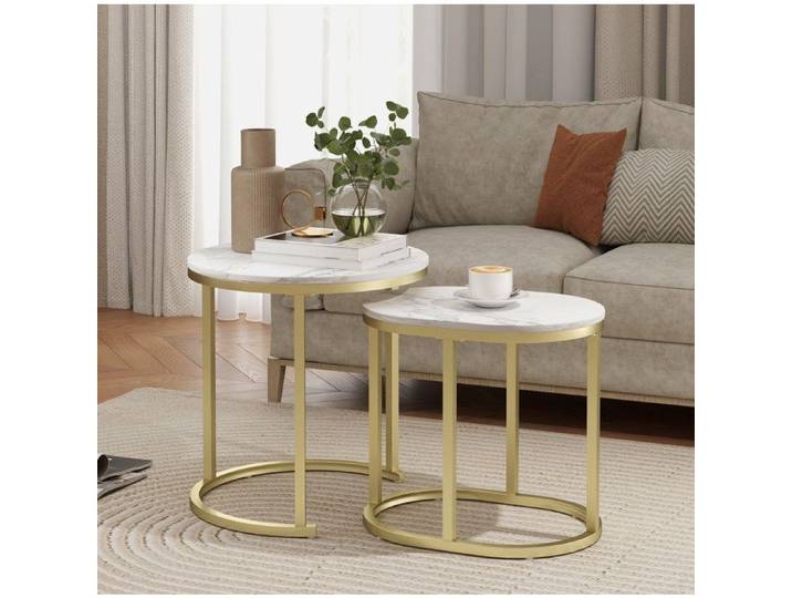 Lot de 2 tables basses rondes et ovales IVMEU empilables plateau MDF blanc structure métal