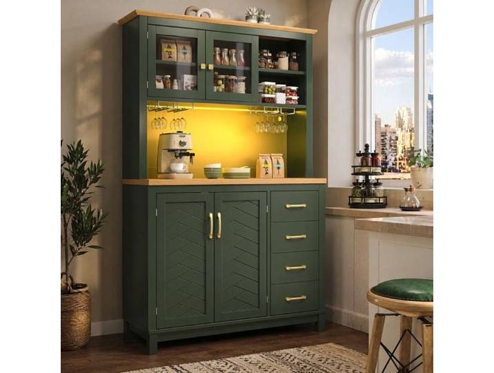 Buffet - ZEVKOR - Style Campagne - 4 portes 4 tiroirs - LED intégrée - Porte-verres