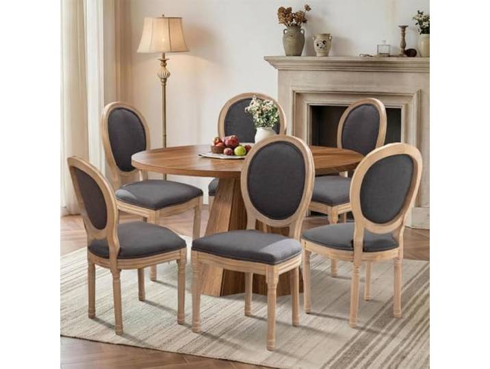 SoarFlash Französische Esszimmerstühle, 6er-Set, Retro-Stil, runde Lehne aus Leinen, Holzbeine, ländlich-kampagnardischer Look, geeignet für Küche und Schlafzimmer, Dunkelgrau