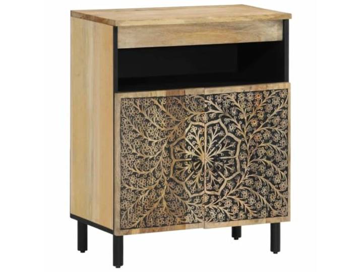Kaorsrow Beistellschrank 60x33x75 cm Massivholz Mango Sideboard Handgeschnitztes Blumenmuster fuer Wohnzimmer und Flur, stabiles Eisengestell mit viel Platz fuer Dekoration.