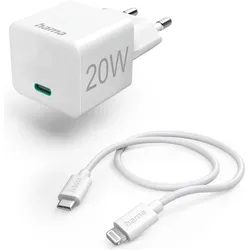 Hama Schnellladegerät mit Ladekabel Lightning, Mini-Ladegerät, PD, 20W, 1m, Weiss (20 W, 1 Port), USB Ladegerät, Weiss