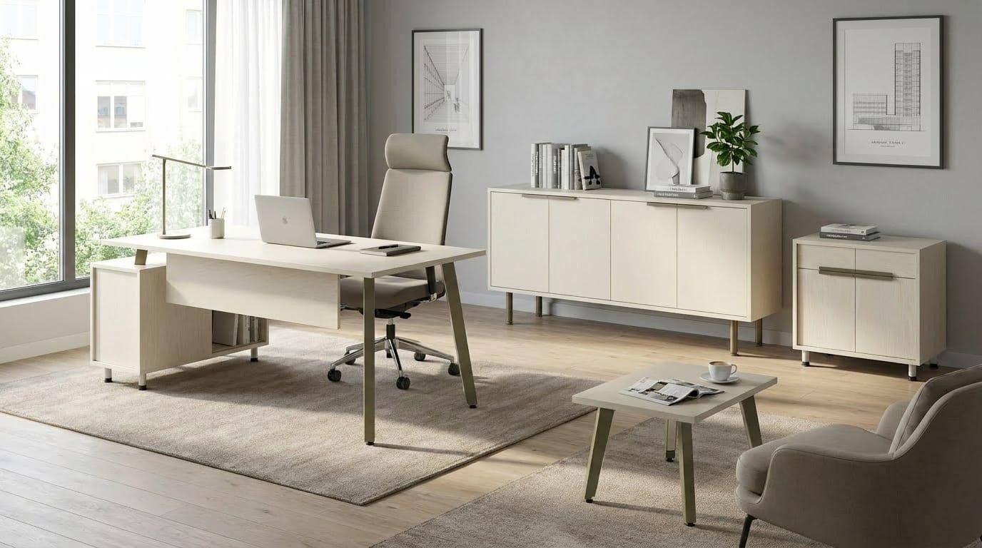 JVmoebel Luxe kantoorinrichting set met bureau, bijzetkast en salontafel