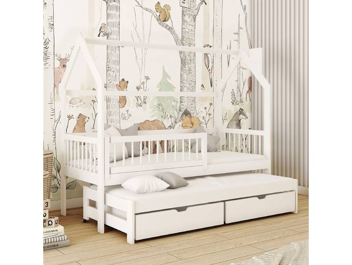 Lit cabane 90x200 sommiers lit gigogne et tiroirs Lino Blanc