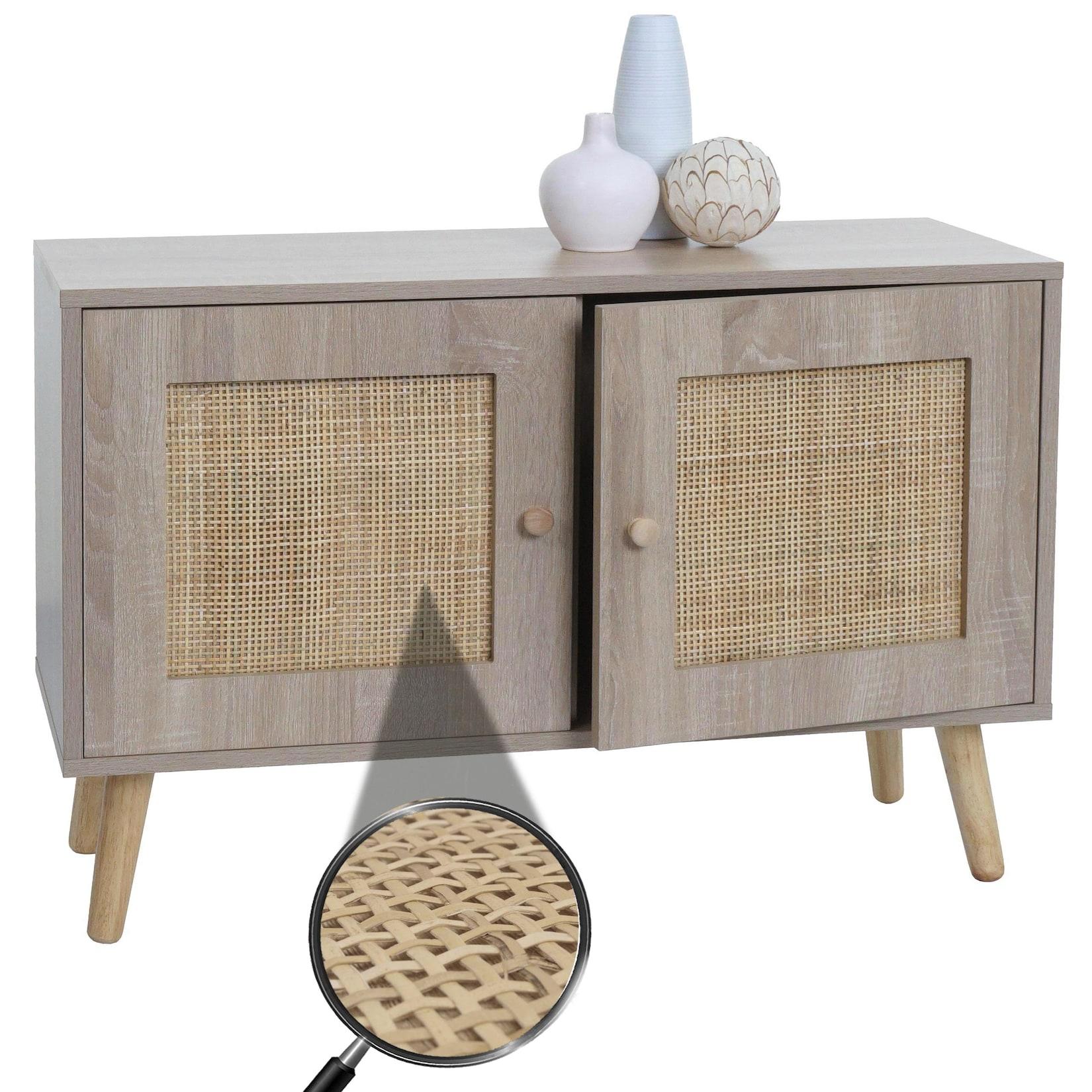 Kommode MCW-M40, Sideboard Schrank Highboard, Staufächer, Kubu Rattan Holz Melamin, Eiche-Optik