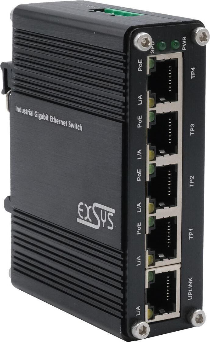 EXSYS Industriële Ethernet Switch met 5 poorten, PoE, 4x10/100/1000Tx, 12-48VDC