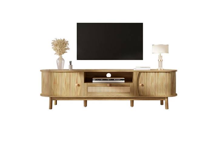 muvano TV-Schrank TV-Schrank Rattan Landhausstil Lowboard mit Schiebetüren 165cm