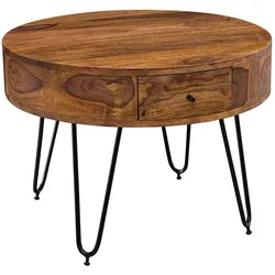 KADIMA DESIGN Couchtisch Sheesham Massivholz / Metall 60x44,5x60 cm Tisch Wohnzimmer, Design Beistelltisch mit Schubladen, Kleiner Wohnzimmertisch Rund