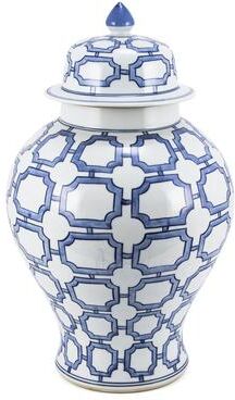 Legend of ASIA 18 in H Blue And White Octagonal Window Temple Jar Porcelain