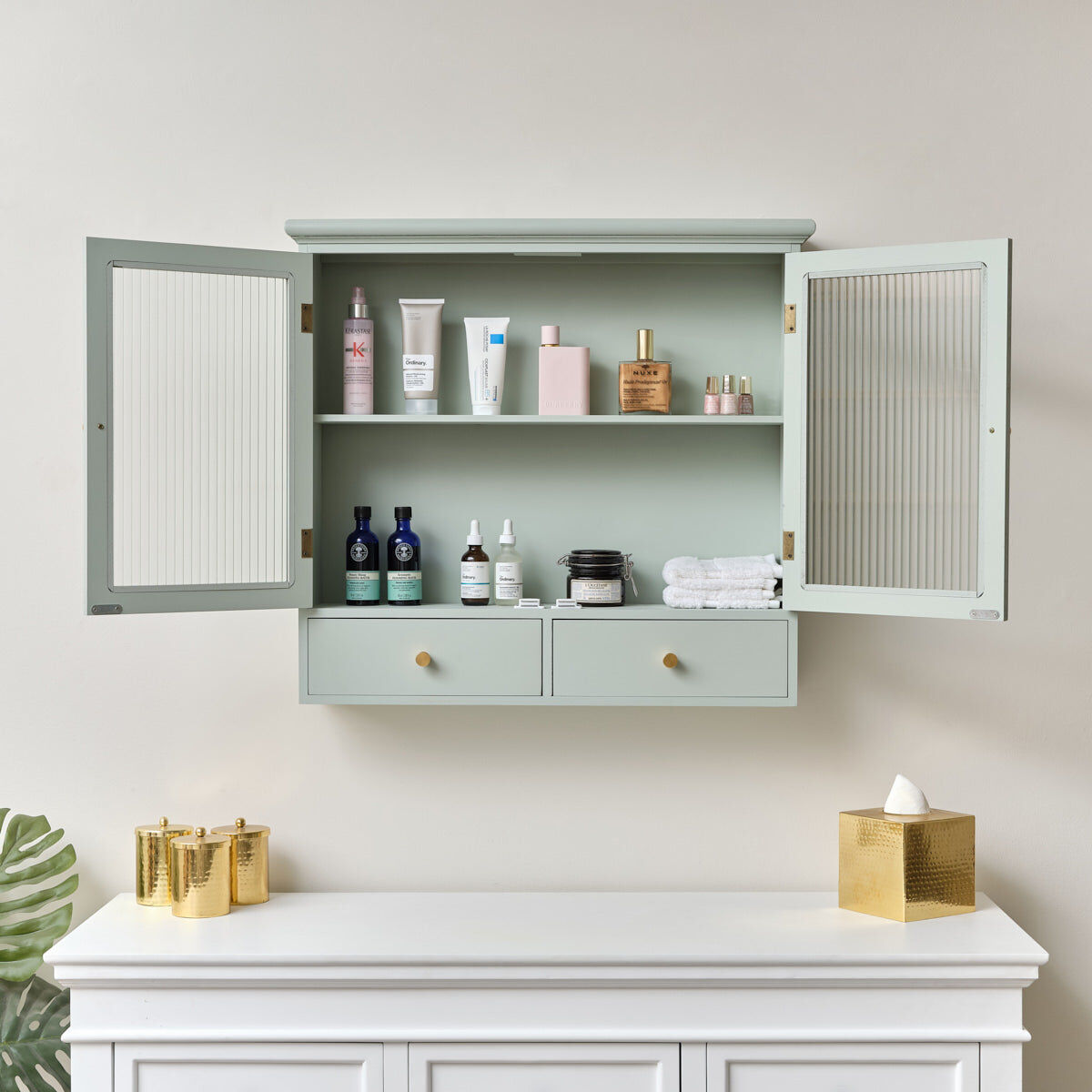 Duck Egg Blue Reeded Glass Wall Cabinet with Drawers Wood, Glass, Metal