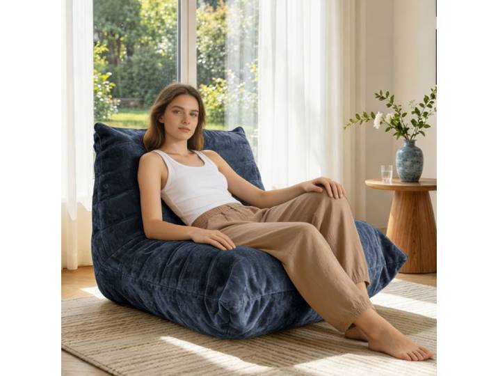 Pouf Géant Design Chenille Bleu - Fauteuil de Salon Ergonomique et Ultra Doux pour Chambre et Salon - 90x100x80 cm