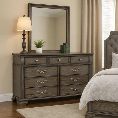 Benjara Akia 62 Inch 9 Drawer Wide Dresser Chest, Round Metal Knobs, Smooth Gray