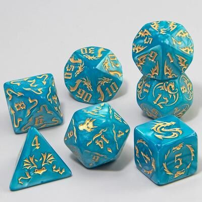 Uplift Essentials 7 Piece Dragon Pattern Marble Polyhedral Dice Set sky Blue