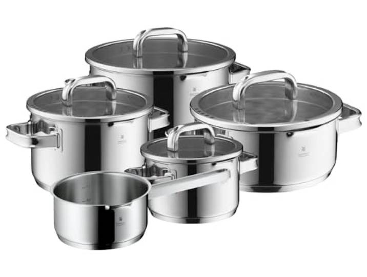 WMF Function 4 Advanced Topfset Induktion 5-teilig, Glasdeckel mit 4 Abgießfunktionen, Cromargan Edelstahl poliert, Induktionstöpfe, Innenskalierung, silber