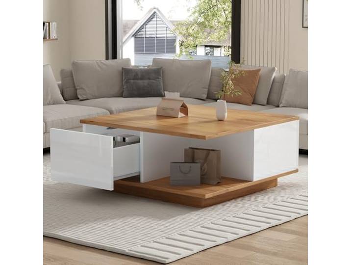 Merax Couchtisch 70x70x31,5 cm mit 3 Schubladen, Stauraum, Weiß-Holz Quadratischer Wohnzimmertisch mit Hochglanzfronten, halboffenem Fach und 30 kg Tragkraft für kleine Räume