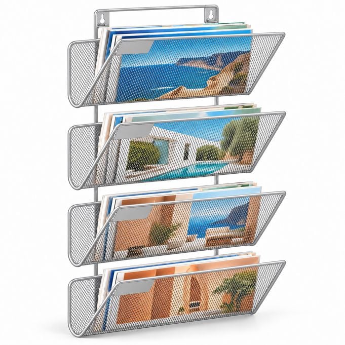 Relaxdays Tijdschriftenhouder met 4 vakken, metaal, zilver