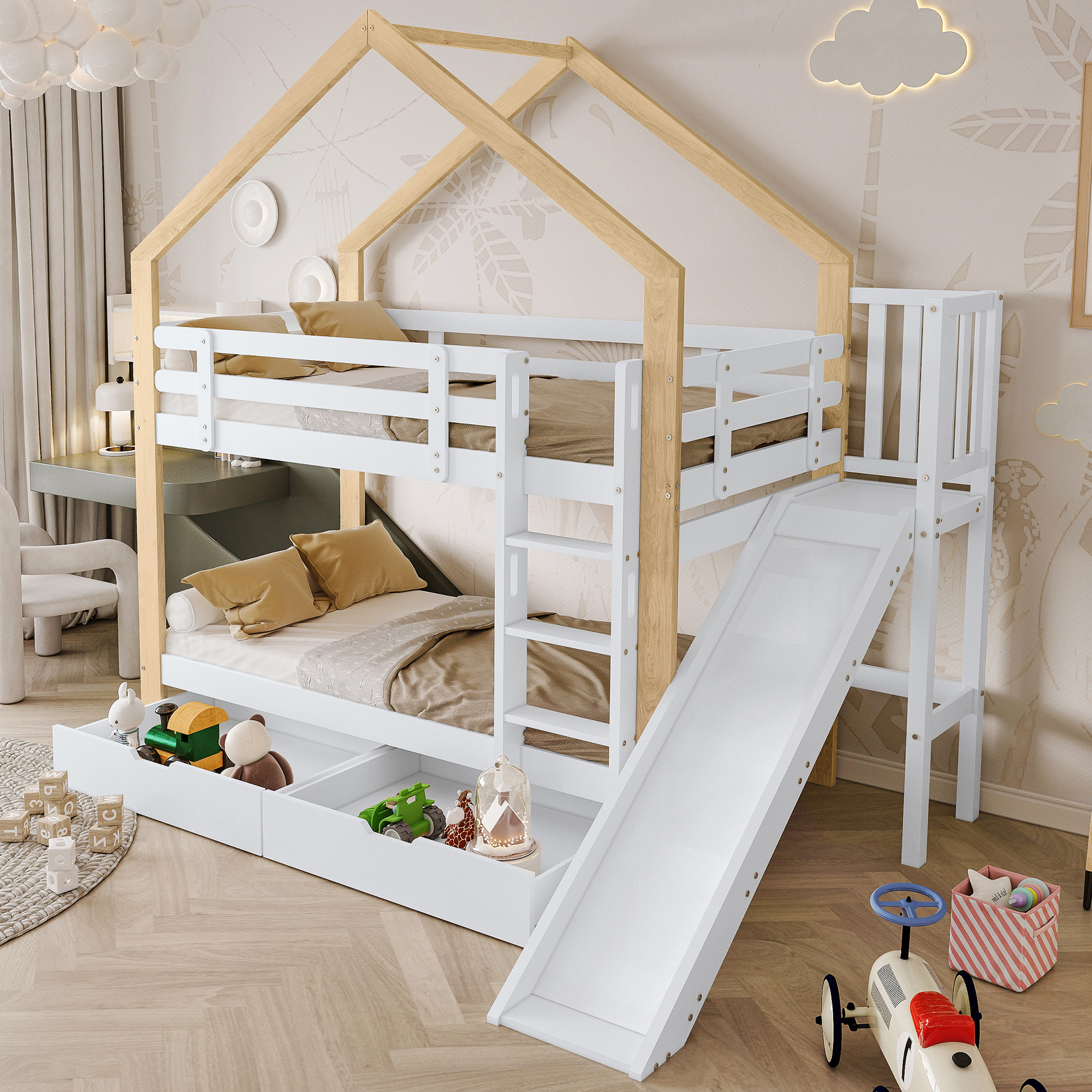 Kinderbett mit Rutsche und Schubladen, Sicherheitsleiter, Hausdesign, Massivholz, Weiß+Natur, 90x200cm, 245x164x223cm