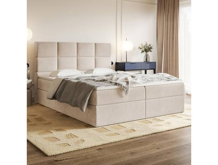 MOTIVENA Alpha Boxspringbett 120x200 Beige Samt, mit Taschenfederkern-Matratze (H3), mit Visco Memory-Foam Topper (H2), Boxspringbett 120x200 mit Bettkasten Beige (Creme)