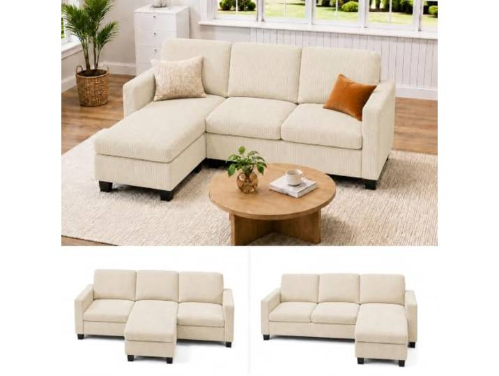 Xbro Ecksofa, Eckcouch L-Form Sofa Mit Ottomane, 3-Sitzer Wohnzimmer Sofa Für Kleine Räume, Modulare Chaiselongue, Cordbezug, Ergonomische Polsterung, 188 x 136,5 x 89 cm, Beige