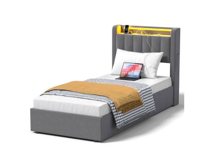 Lit coffre ULEVR avec rangement hydraulique LED et USB sans Matelas Gris 90x190 cm