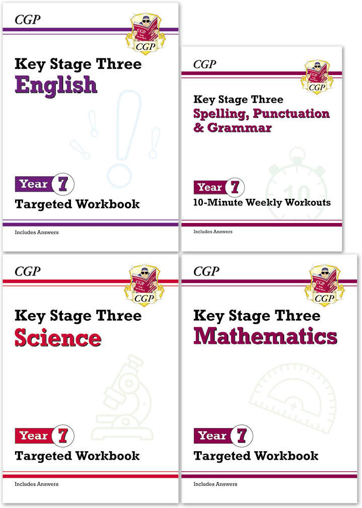 CGP Books CGP KS3 Year 7 Workbook Bundle – Ages 11-12 (Maths, English, Science, Spelling Punctuation and Grammar)