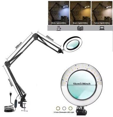 Uplift Essentials LED Magnifying Glass Table Lamp With Adjustable Light And 8X 10X Lens For Soldering And Skincare 3 segment Black