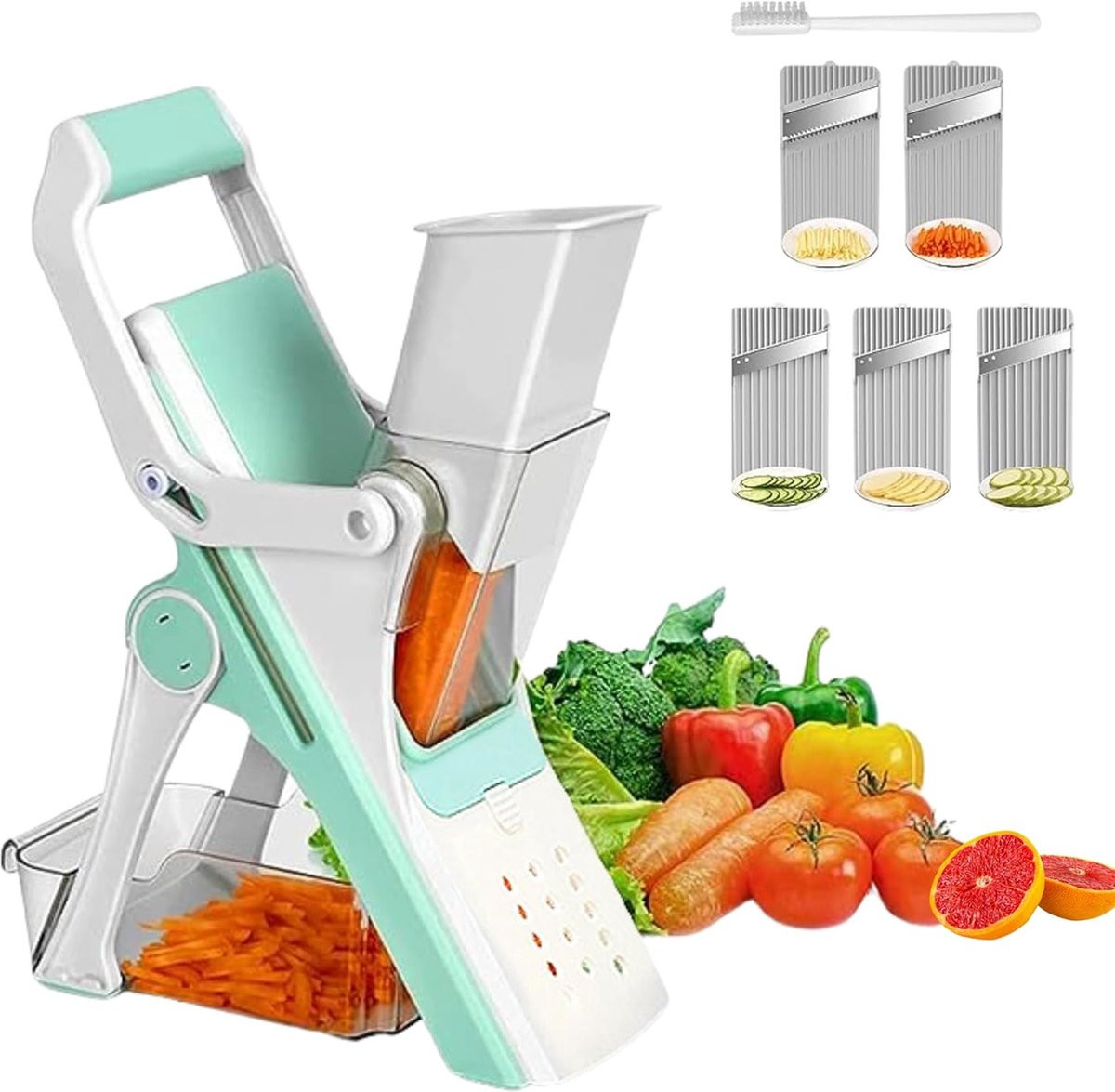 Multifunctionele Mandoline Groentensnijder met 5 Messen, Handbescherming en Antislipbasis, Groen/Wit