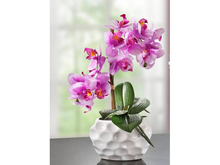 Orchideen-Gesteck in Keramikvase, Rosa