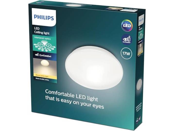 Philips LED\, Plafonnier LED Rond Moire CL200\, Ø 32cm\, Blanc Éclairage plafond\, Technologie EyeComfort\, LED Blanche chaud 2700K\, Design Plat Minimaliste\, Facile à nettoyer\, 17W