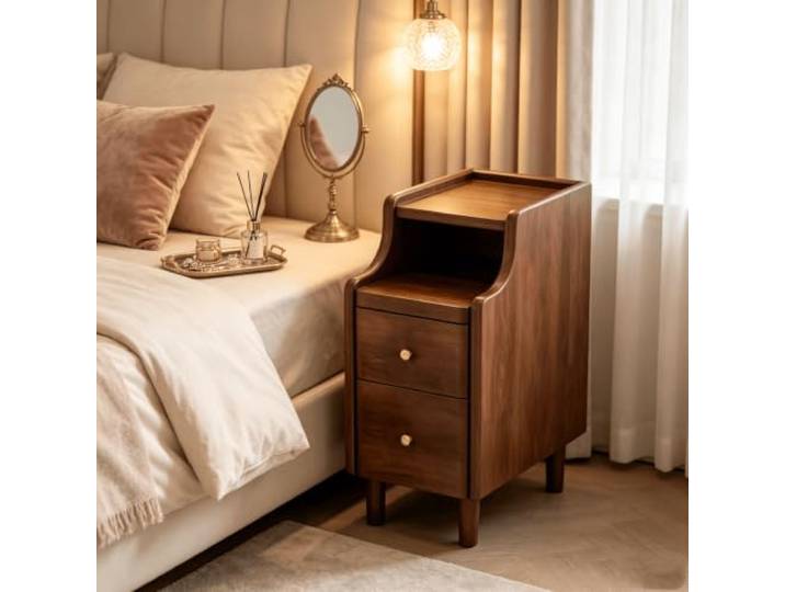 Massivholz Nachttisch Schmal, Nachtkonsole mit Ablagefach 2 Schubladen Kompakter Nachttisch aus Massivholz mit 2 Schubladen für kleine Schlafzimmer.(Walnut,7.87in)