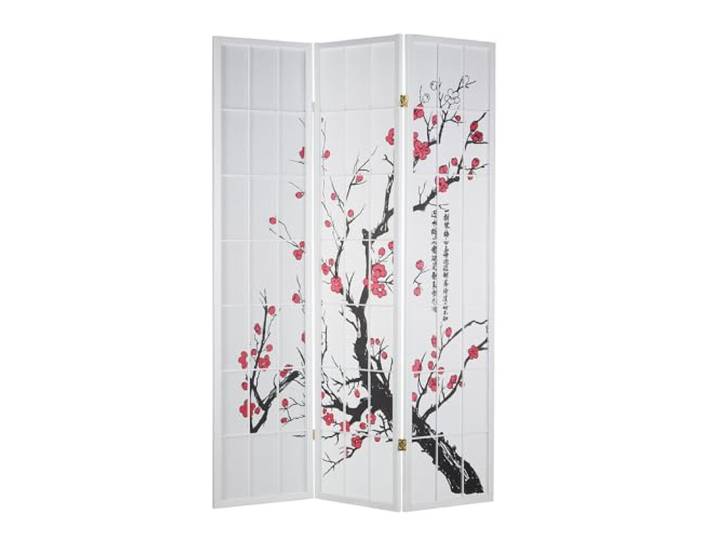 Homestyle4u Paravent 3 teilig Weiß Raumteiler Holz Shoji Reispapier Kirschblüten Shoji