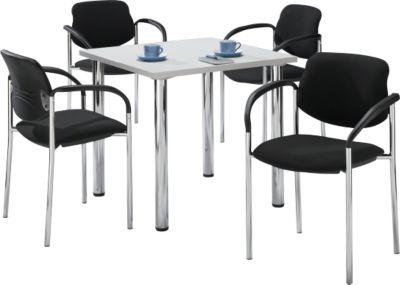 Sparset Besucherstühle, stapelbar, Bezugstoff schwarz, Sitzmaße B 450 x T 460 x H 470 mm, 4 Stück + Tisch, lichtgrau, B 800 x T 800 mm