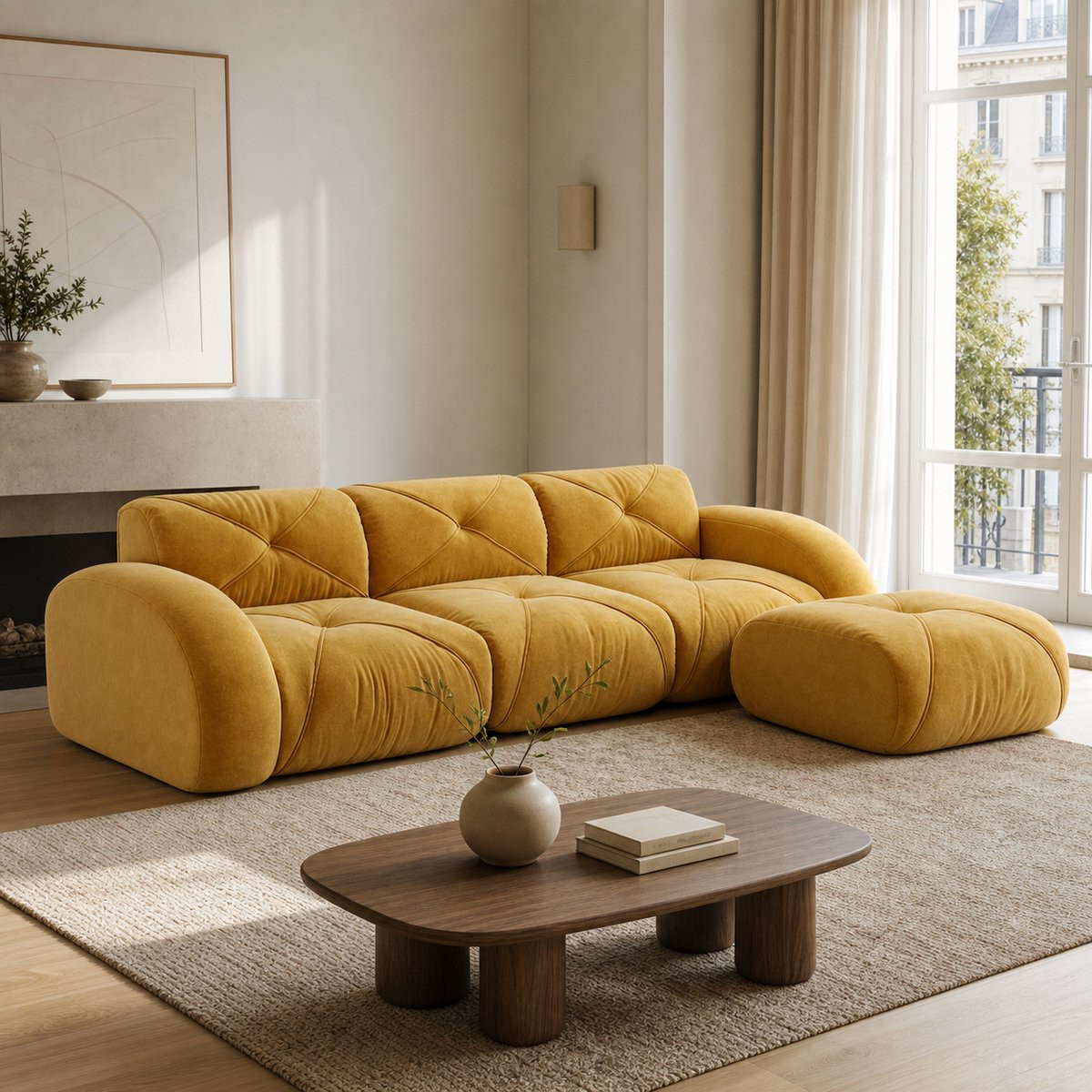 Komhtom L-vormige modulaire bank met voetsteun, driezits fauteuil, geel
