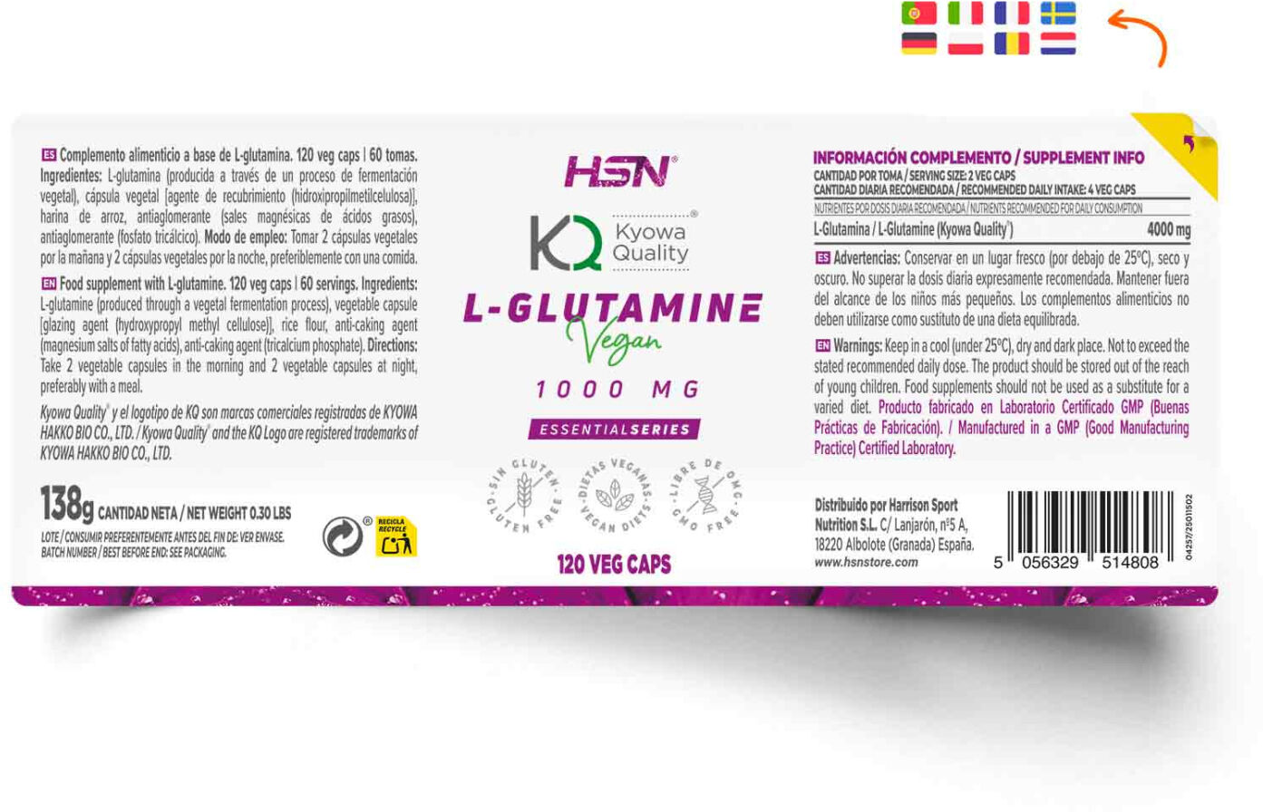 HSN L-glutamina 1000mg (Kyowa Quality®) - 120 veg caps - Glutamina - Cápsulas Vegetales - 60  Servicios