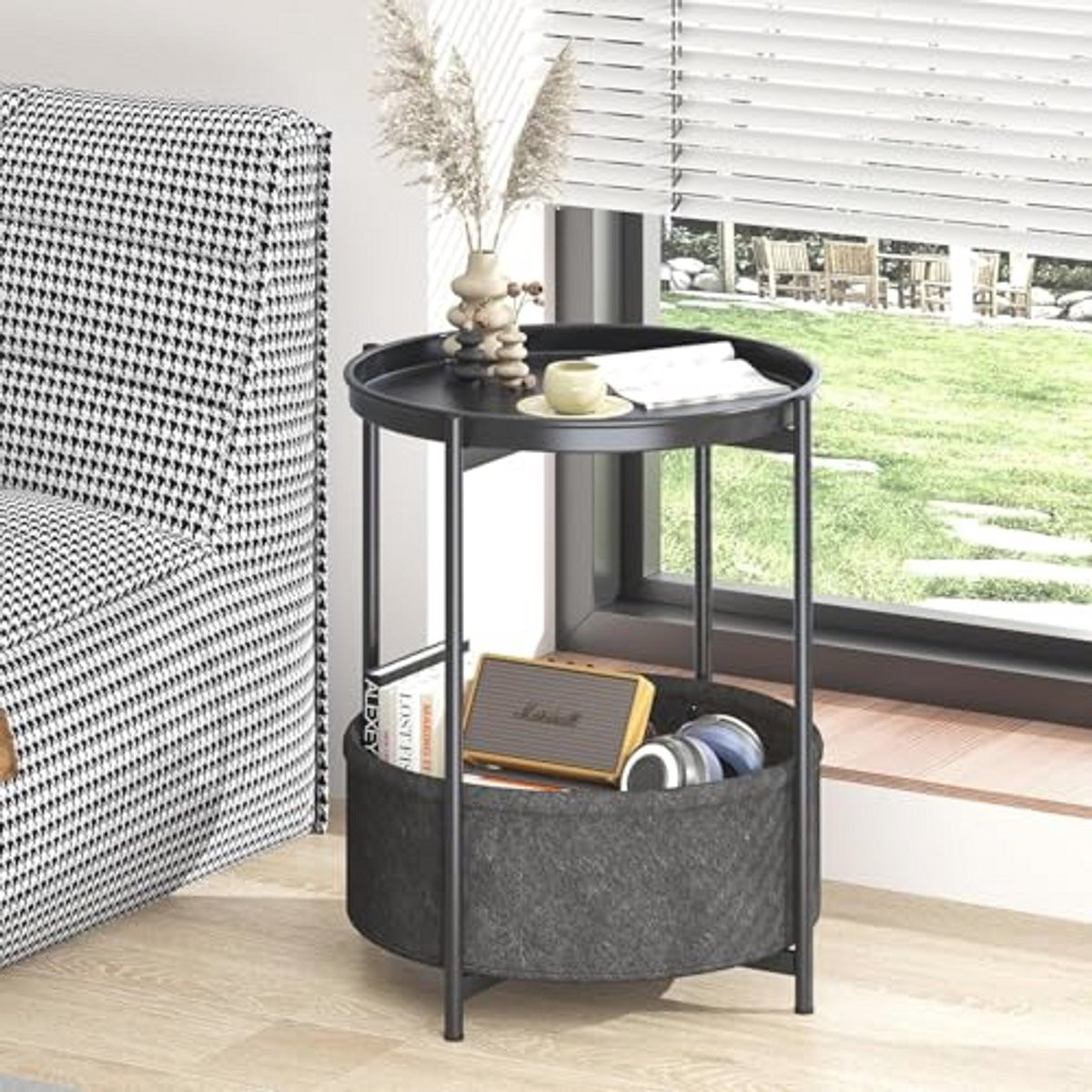 Ronde Bijzettafel met Opbergmand - Modern en Multifunctioneel