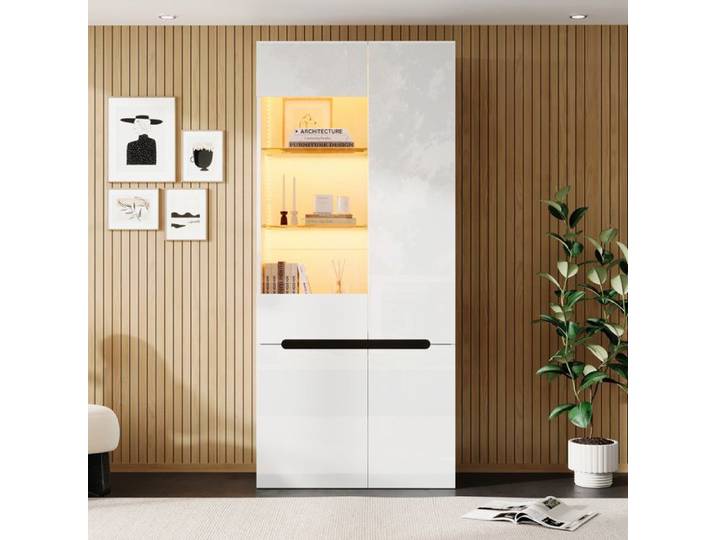 Vitrine LED 80x35x180 cm avec 4 Portes Étagères en Verre Trempé Réglables Façade Brillante Armoire de Rangement - Blanc