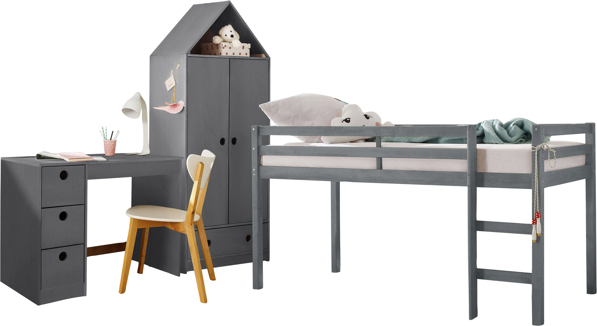 Jugendzimmer-Set GOODPRODUCT "Alpi", grau, Schlafzimmermöbel-Sets, Jugendzimmer-Set, Hochbett, Schreibtisch und Kleiderschrank in Hausoptik, platzsparend grau Einheitsgröße