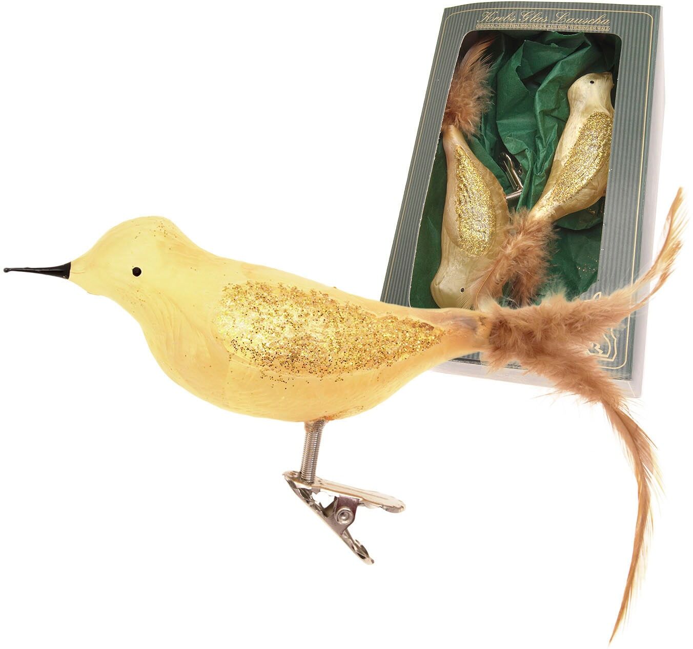 Weihnachtsbaumklammer KREBS GLAS LAUSCHA "Amsel, Eislack, unversilbert", gold, B:6cm H:6cm T:17cm, Glas, Weihnachtsbaumschmuck, Weihnachtsbaumklammer, Weihnachtsbaumklammern Glas, mundgeblasen, handgefertigt, Glasvogel
