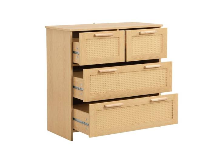 Commode rotin 4 tiroirs avec poignées bois massif rangement élégant