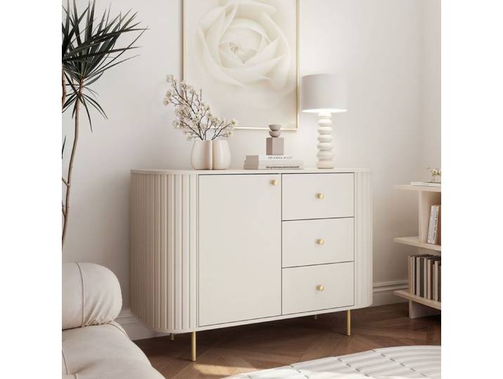 Commode Salon OVALINE - porte et 3 tiroirs - Commode Chambre - 123x42x85 cm - Beige