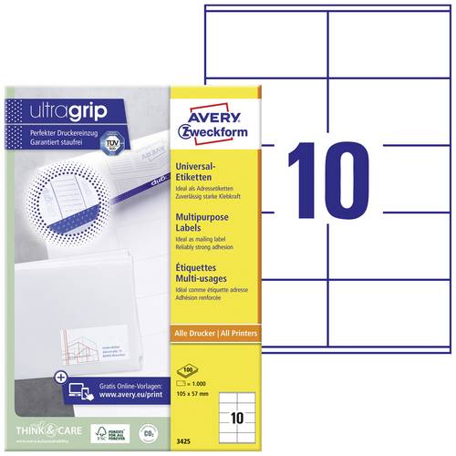 Avery-Zweckform 3425 Universal-Etiketten 105 x 57mm Papier Weiß 1000 St. Permanent haftend Tintenstrahldrucker, Laserdrucker
