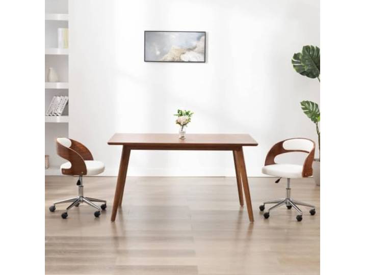 HEFZGDB Esszimmerstuhl Drehbar Weiß Bugholz und Kunstleder mit Rollen – Ergonomischer Drehstuhl mit gepolstertem Kunstleder und robustem Bugholzrahmen für optimalen Komfort
