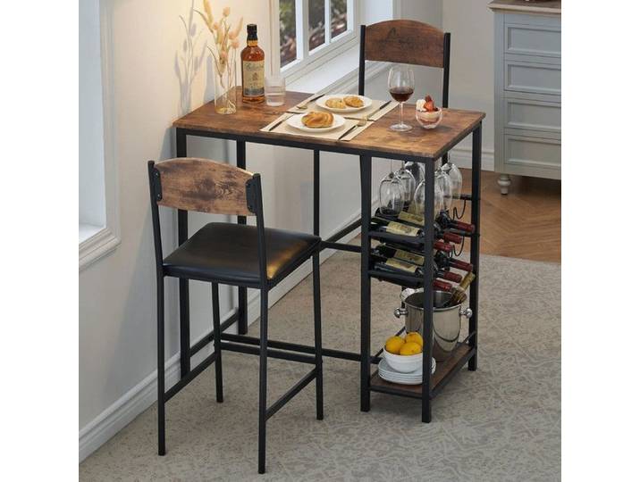 Table de Bar - PROMIRACAL - Ensemble avec 2 Chaises - Bois Massif - Métal - 3 Étagères