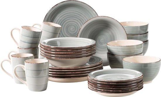 WAN 30-delig Combi servies voor 6 personen, handbeschilderd aardewerk, Rookblauw