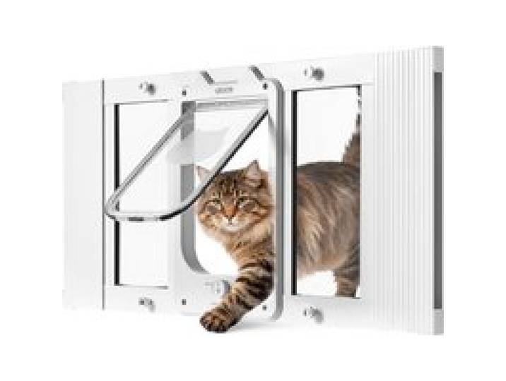 VEVOR Katzenklappe Katzentür Anpassbar an Fensterbreiten (686-813 mm), Wetterfeste Haustiertür mit 4 sicheren Verriegelungsmodi & Aluminiumrahmen & Hochtransparentem Glas & Magnetverschluss, Weiß
