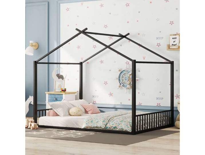 QAVRYL Lit enfant cabane 140 x 200 cm en métal noir avec 14 lattes