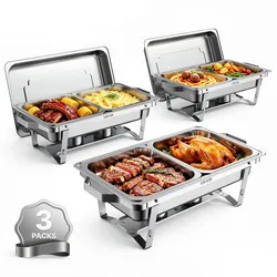 VEVOR Chafing Dish 3er-Set je 8,52 L Edelstahl Warmhaltebehälter für Buffets, Hochzeiten & Partys, Warme und Kalte Speisen Servieren, Brennstoffbehälter, 6 Behälter in Halber Größe, Faltbarer Ständer