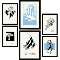POSTER Set Mit 6 In Schwarzer Tinte Meeresmuster Kunstdrucke Von Meer Und Ozean Für Innenarchitektur A3 & A4 Schwarzer Rahmen