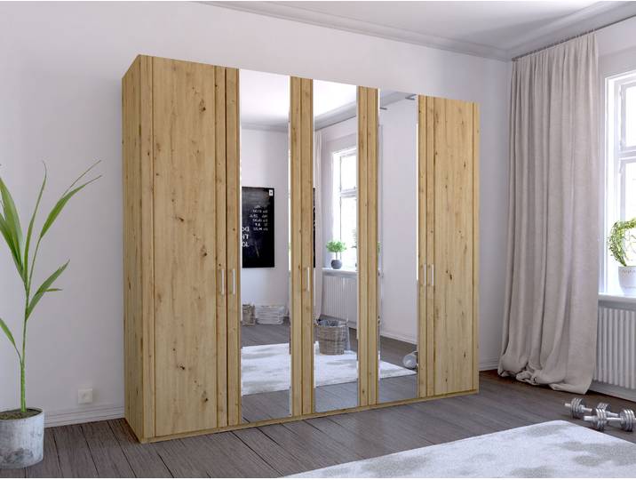 Kleiderschrank WIEMANN Mainau , braun (bianco, eiche, nachbildung, kristallspiegel), B:246,3cm H:197cm T:58cm, Glas, Holzwerkstoff, Schränke, Kleiderschrank, mit Holz- und Spiegeltüren