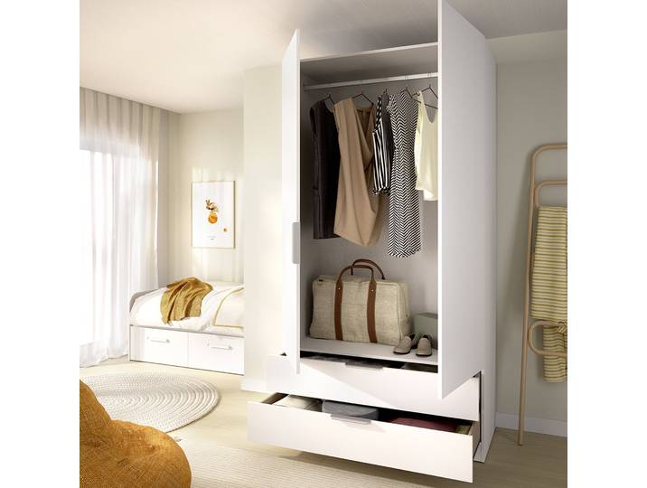 Armoire Montclare 2 Portes\, Chambre À Coucher\, 1 Étagère\, Penderie\, 2 Tiroirs\, 51x204h Cm Blanc