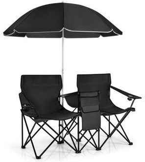 Costway Portable Folding Picnic Double Chair With Umbrella-Black